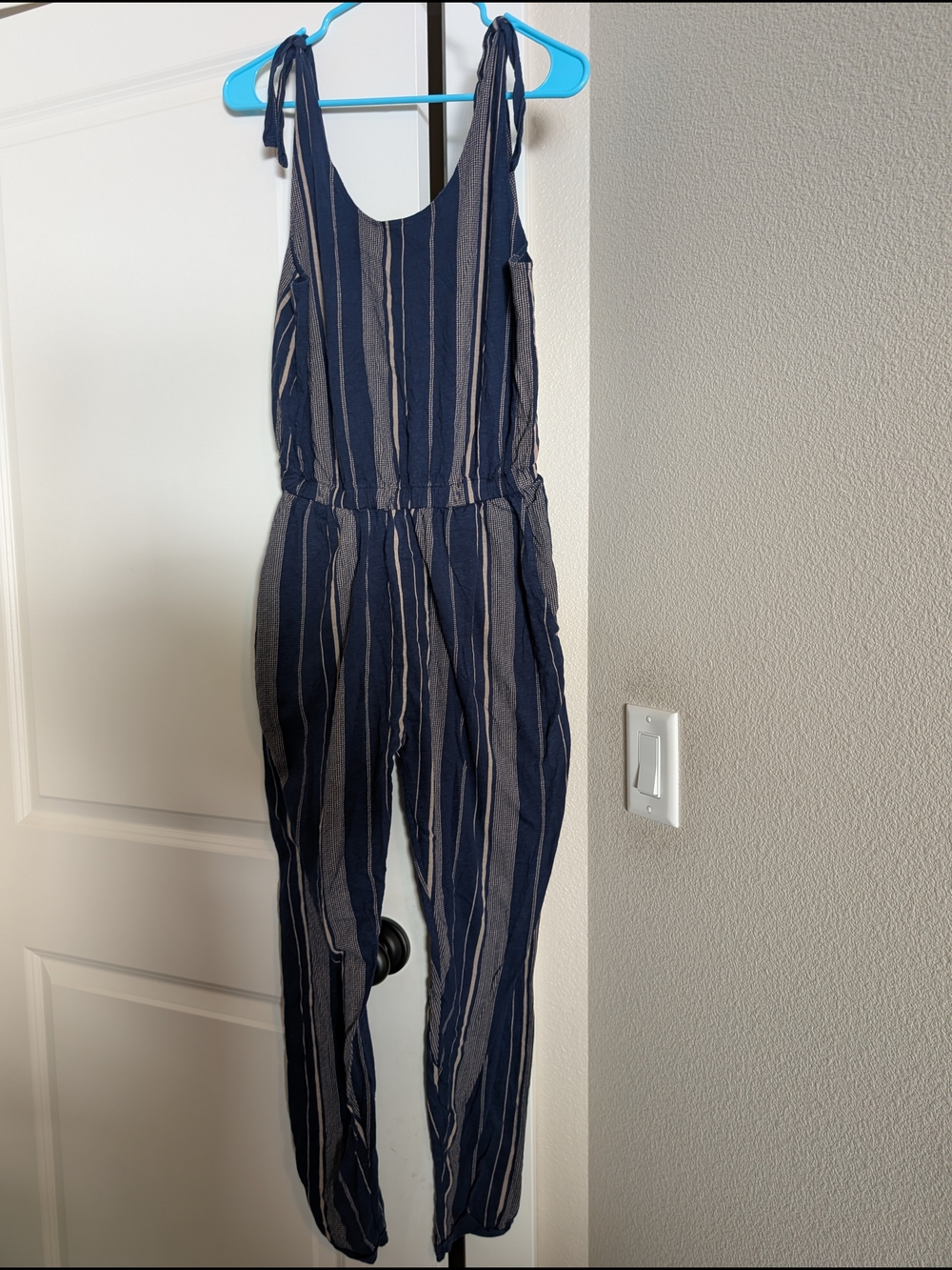 Natural By Known Supply Striped Navy Tie-Shoulder Jumpsuit